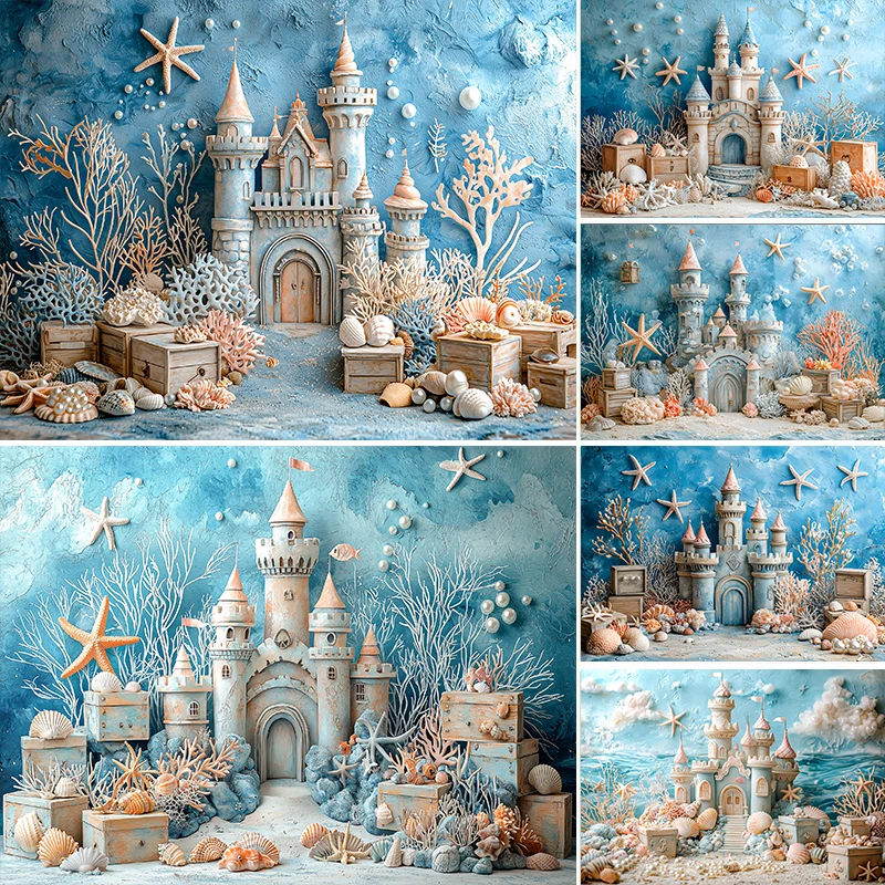 

LS Mermaid Princess Girl Birthday Portrait Background Booth Undersea Castle Seashell Beach Backdrop Kids Cake Smash Photo Studio