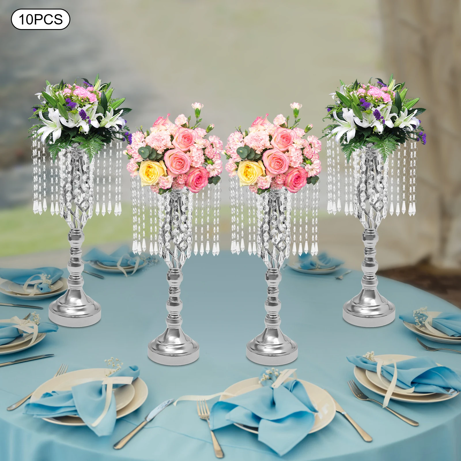 

10 Pcs 19.3 inches Tall Crystal Flower Stand Wedding Road Lead Tall Flower Holders Centerpiece Crystal Flower Metal Flower Vase