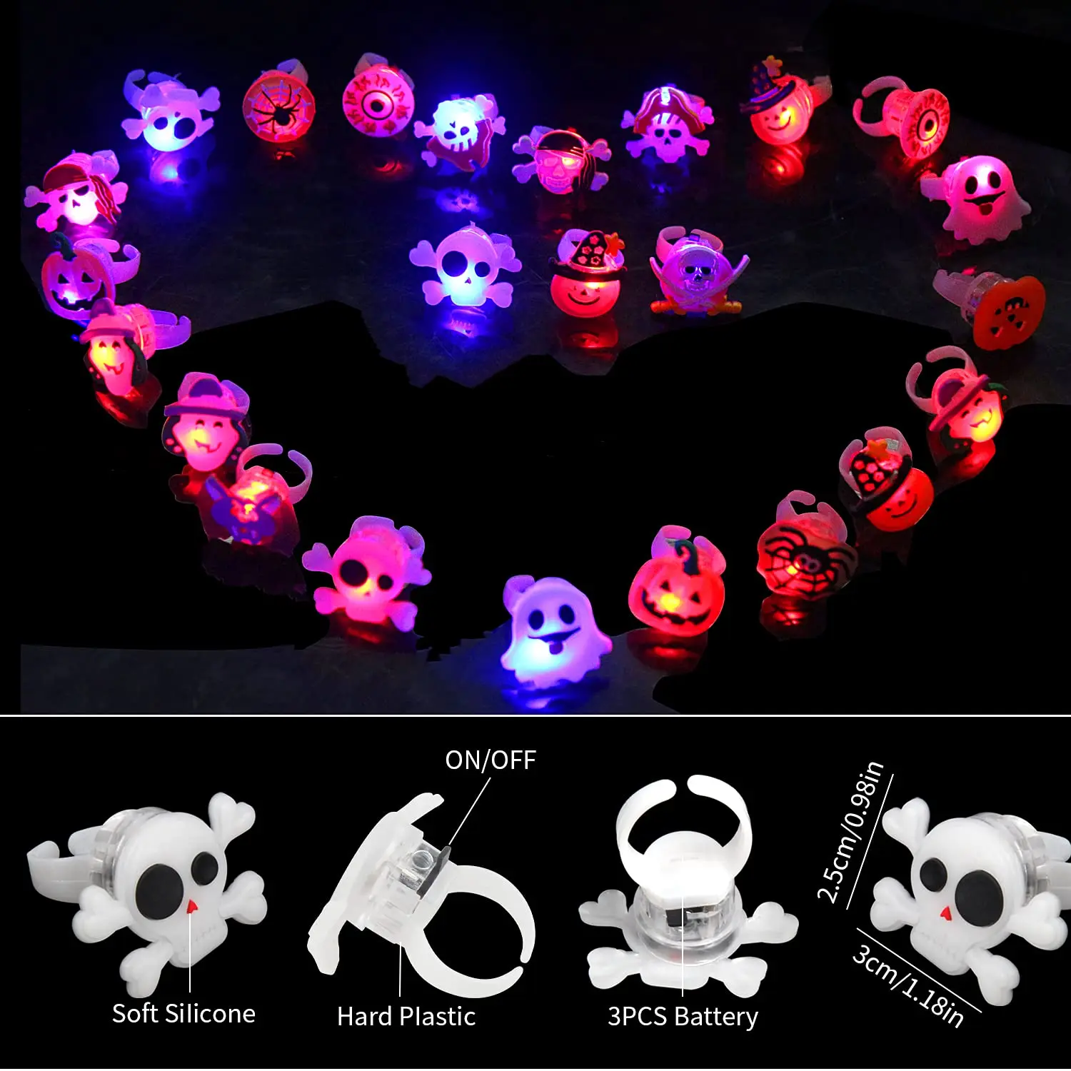 Halloween Light Up Rings for Kids,50 Pcs LED Flashing Ring Toys for Halloween Kids Party Favors Prizes and Goodie Bag Fillers gallery 3