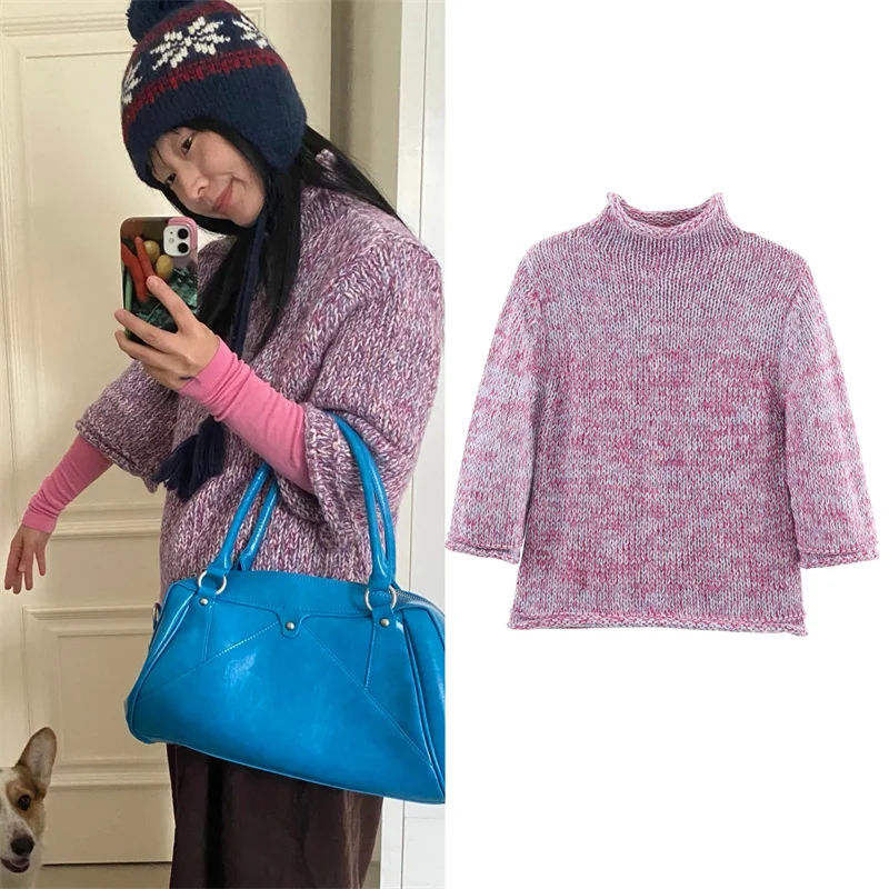 

Women's Top 2025 Autumn New Style Multi-color Mid-sleeve Half Turtleneck Loose Simple Knit Pullover Casual Fashion Unique
