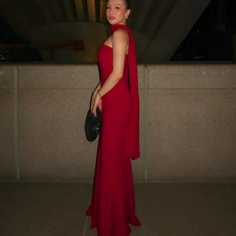 레드 슬림핏 머메이드 맥시 드레스 이브닝 프롬 가운 여성 오프숄더 백리스 롱 드레스 스카프 포함 우아한 바디콘 튜브 드레스
