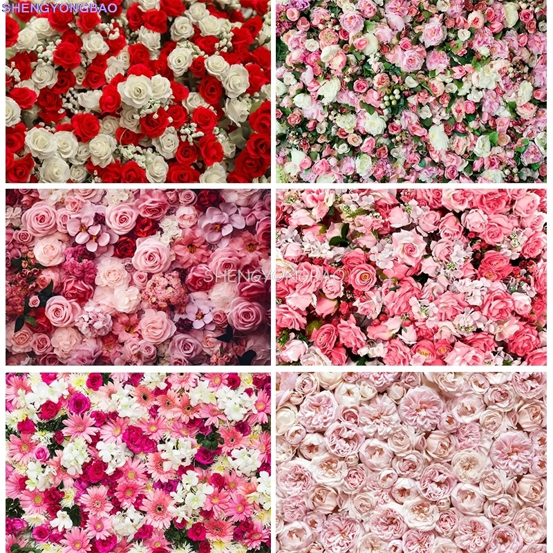 

February 14 Valentine Flowers Wall Photography Backdrops Props for Wedding Decoration Floral Red White Roses Party Background