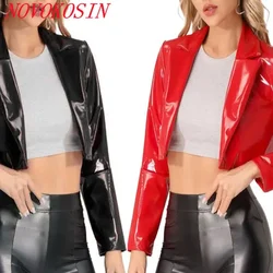 S-3XL Fun Top Short Motorcycle Long Sleeves Jacket Open Waist Coat Red Elastic Mirror PU Shiny Leather Nightclub Uniform