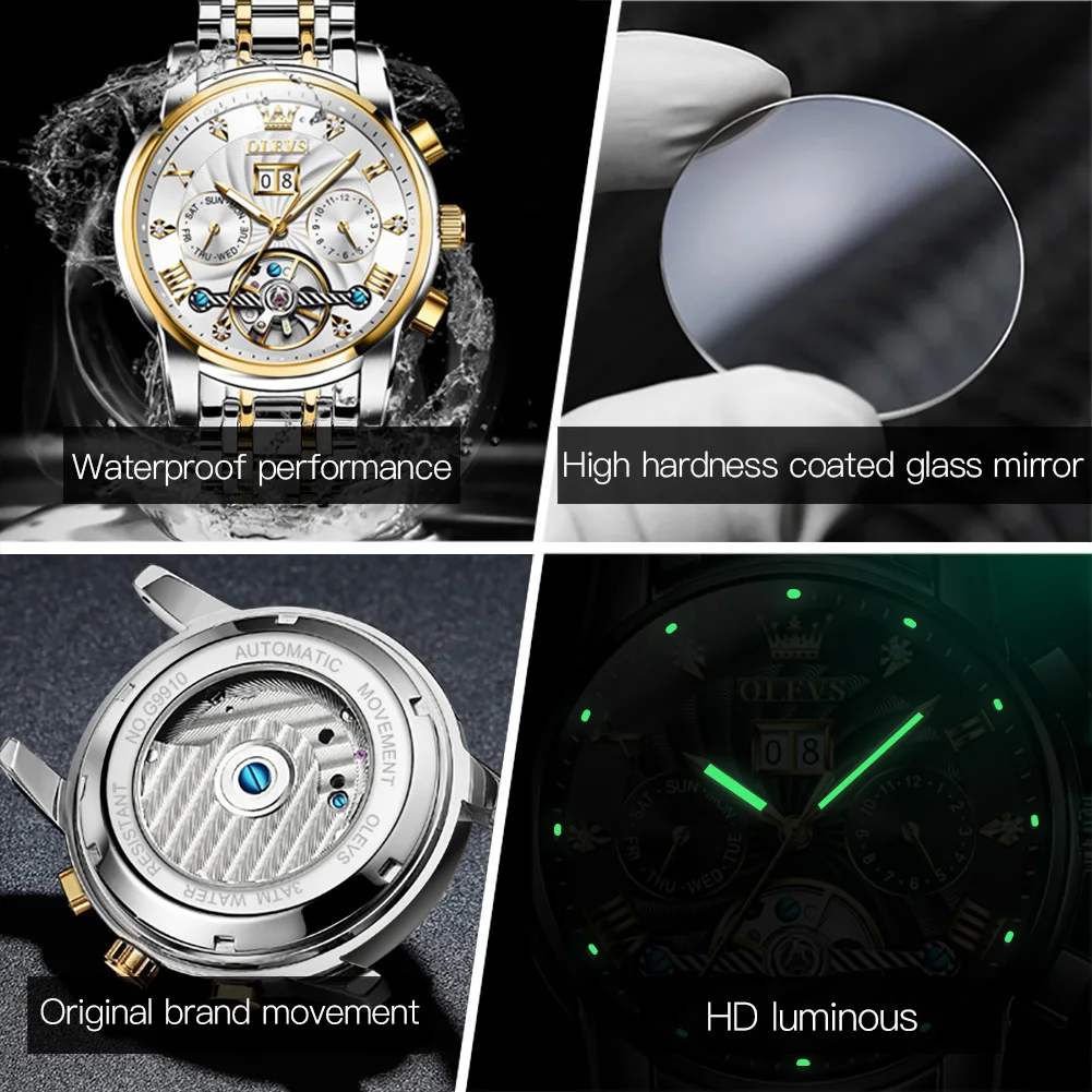 Olevs Heren Horloge Luxe Merk Tourbillon Automatisch Mechanisch Horloge Eersteklas Waterdicht Rvs Heren Horloge