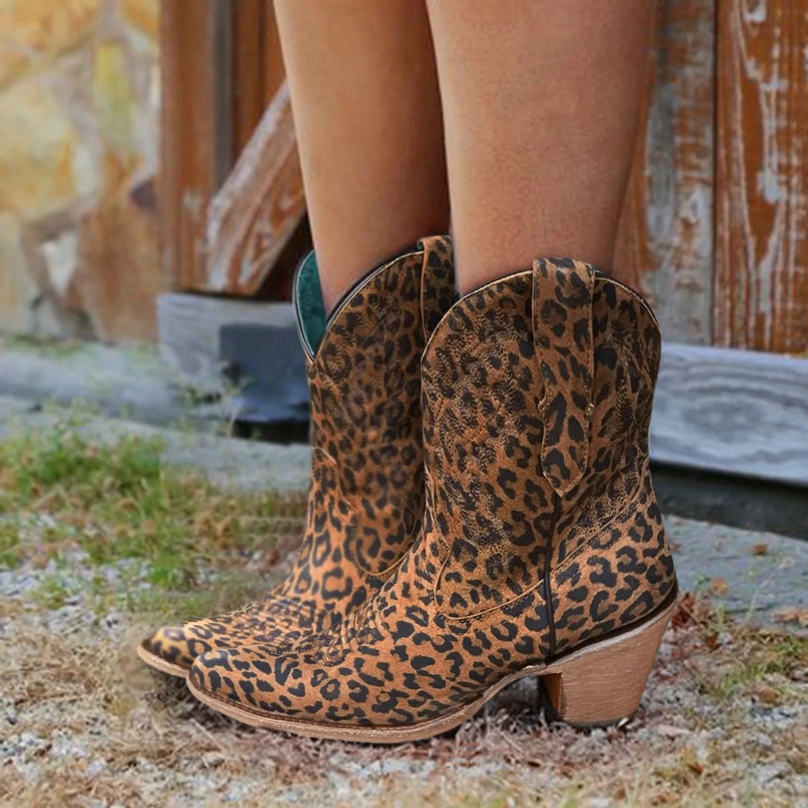 

Casual Western Cowboy Ankle Boots Women Leopard Print Booties Pointed Toe Short Botas High Heels Shoes Comfortable Women's Shoes