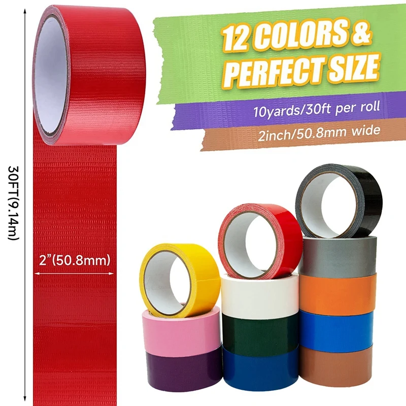 1Set Colored Duct Tape Bulk 12 Assorted Colors Duct Tape 2 Inch X 10 Yards X 12 Rolls Tape Rolls Multicolor