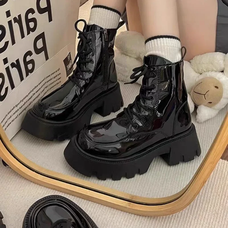 Women's Shoes 2024 Hot Sale Side Zipper Women's Boots Fashion Cross Lacing Modern Boots Women New British Style Mid-Calf Boots