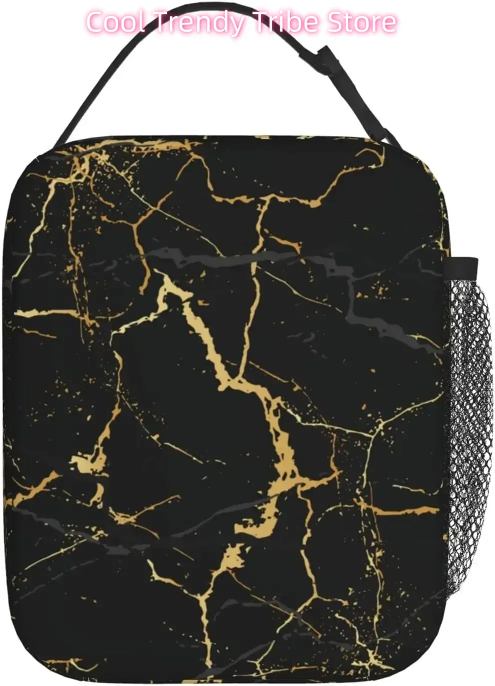 Black Marble Lunch Bag Insulated Portable Reusable Marbling Texture Lunch Box