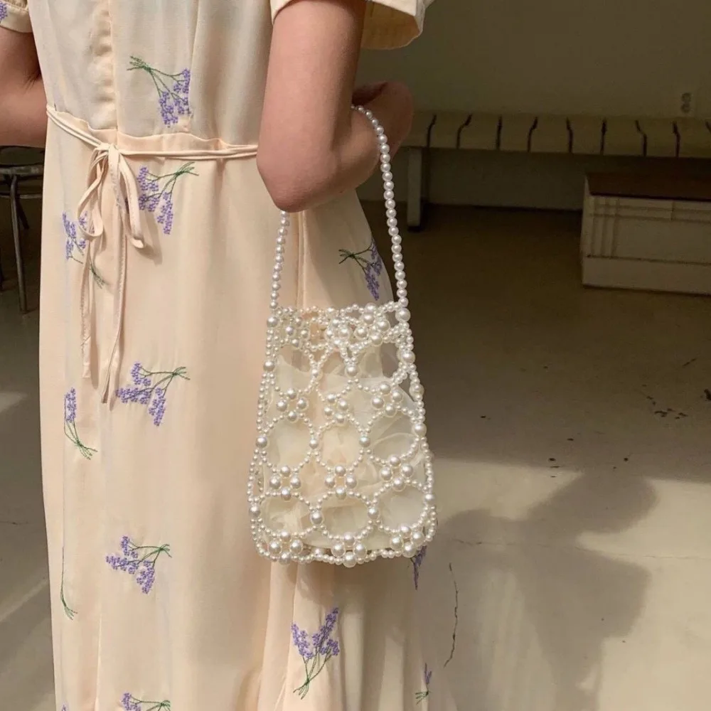 

Fashion Luxury Pearl Beaded Bag Bohemia with Inner Bag Woven Bead underarm Bag Handmade Hollow Out Small Phone Pouch Lady