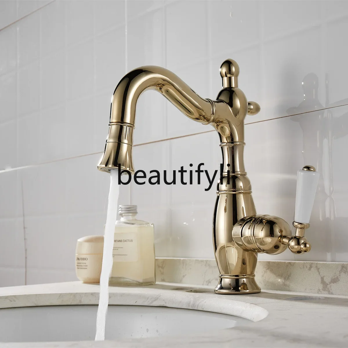 All-copper retro multi-functional hot and cold faucet under-counter basin Ceramic handle wash basin Rotatable and pullable