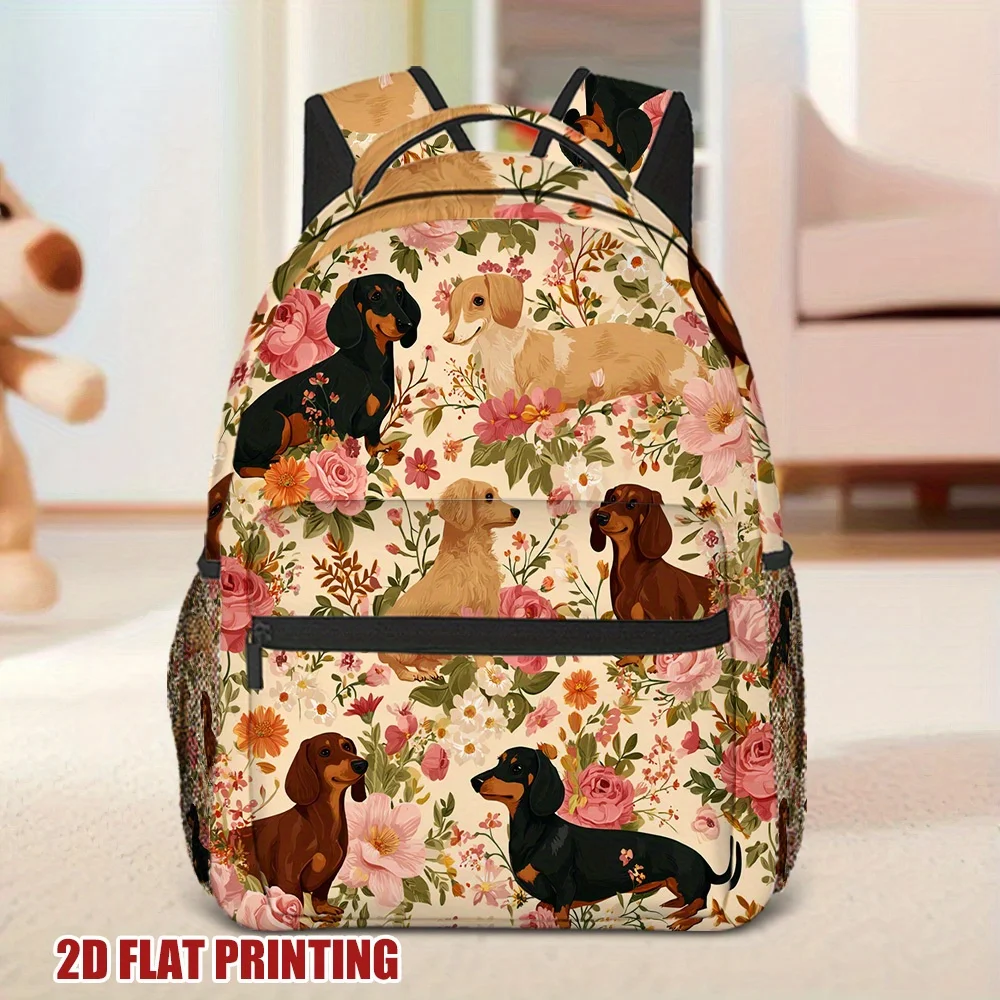 Floral Dachshund Backpack Lightweight Durable Fabric with Zipper Closure Ideal for Work Travel School Casual Style Backpack