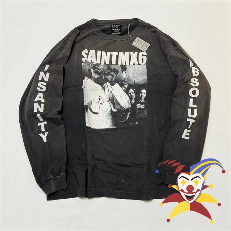 

Винтажная черная футболка LS Saint 23ss для мужчин и женщин, футболка с длинным рукавом и дырками, топы, футболки
