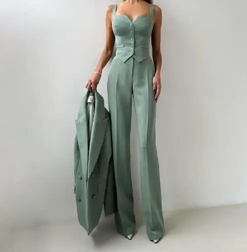 طقم سراويل أنيقة للنساء 2025 ربيع/صيف أحدث التنقل مزاجه متعدد الاستخدامات التخسيس بلون البدلة ثلاث قطع مجموعة