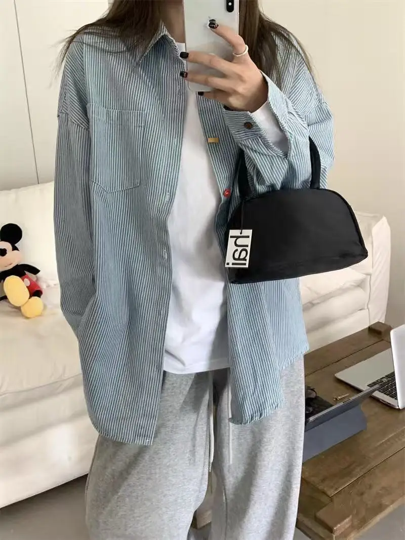 Classic Blue Solid Y2K Shirts Autumn Spring Womens Casual Long Sleeve Collared Button Closure Tops Streetwear Retro T-Shirts