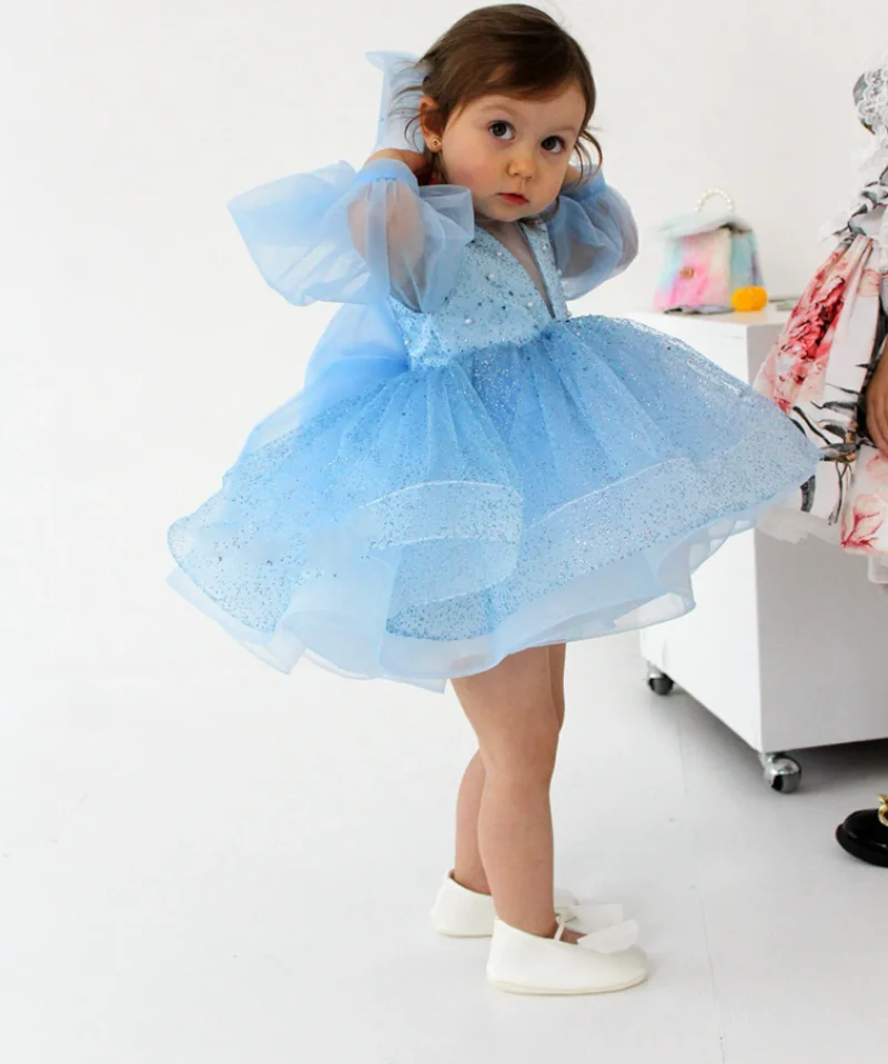 Vestido azul de flores para niña, tutú de primer cumpleaños infantil, vestido de princesa para niños pequeños, vestido de tul para ocasiones especiales con lazo grande