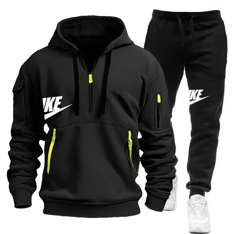 

Autumn and winter men's casual hoodie and sweatshirt with ribbons, outdoor sports long pants, multi-pocket zipper top set