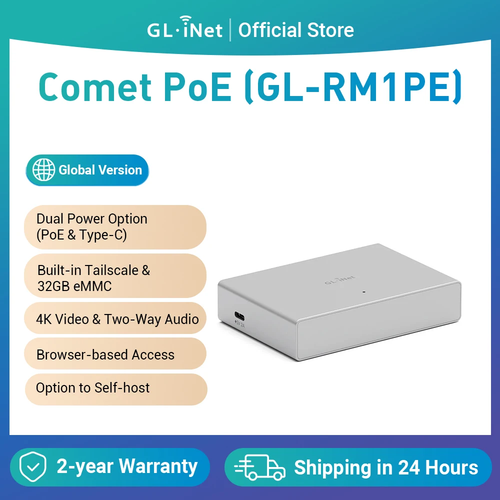 GL.iNet Comet PoE (GL-RM1PE) Internet Remote KVM, PoE/Type-C power, 4K@30Fps, 32GB EMMC, Tailscale,Power Mgmt, for KVM Switche