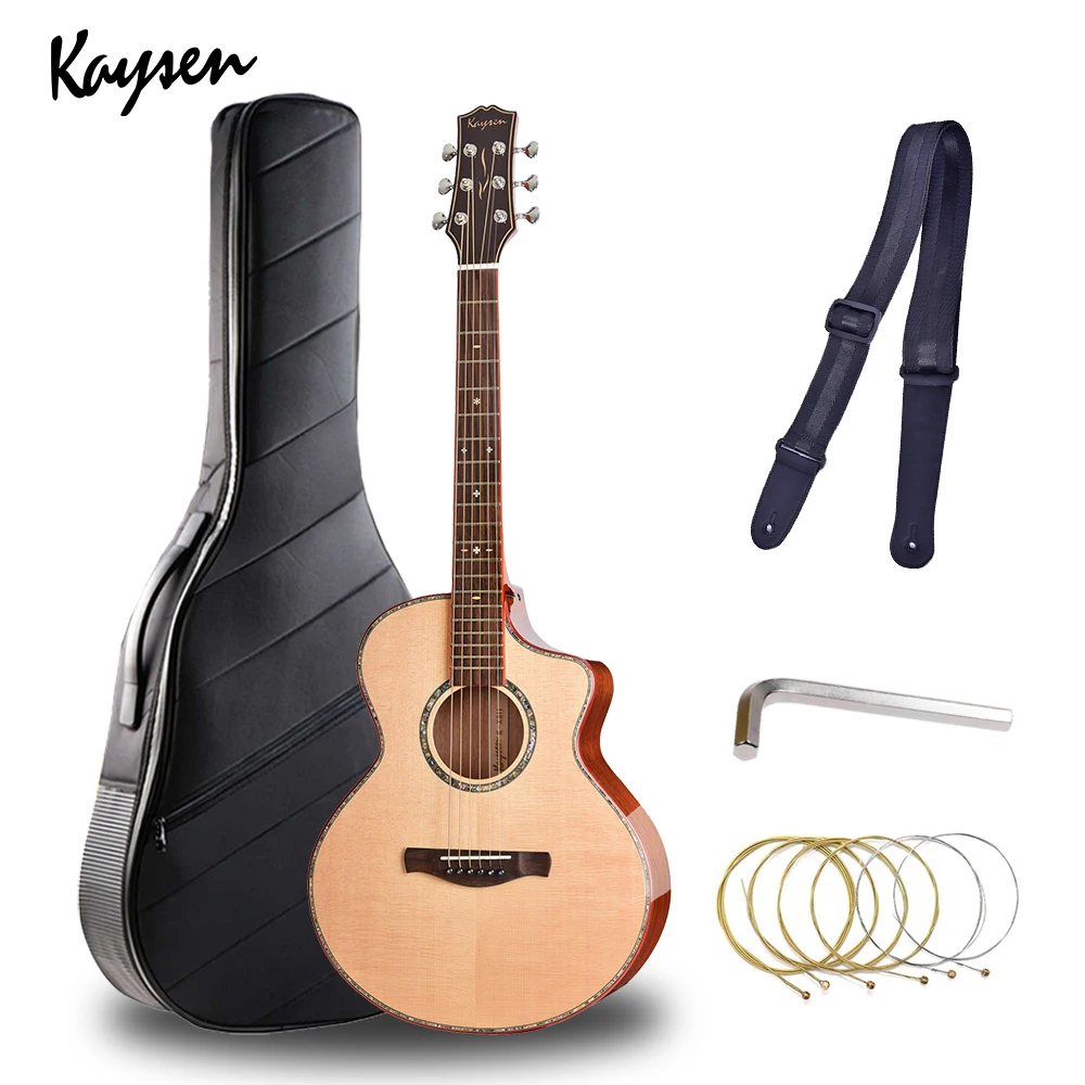 Kaysen 36\'\' All Solid Wood Acoustic Travel Guitar With Gig Bag Accessories Kit