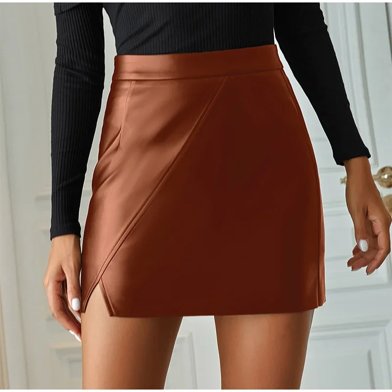 Fashion Solid Colors Punk Gothic Clothes Sexy Black Mini Leather Skirts Womens 2021 Slim High Waist Split Mini PU Leather Skirts