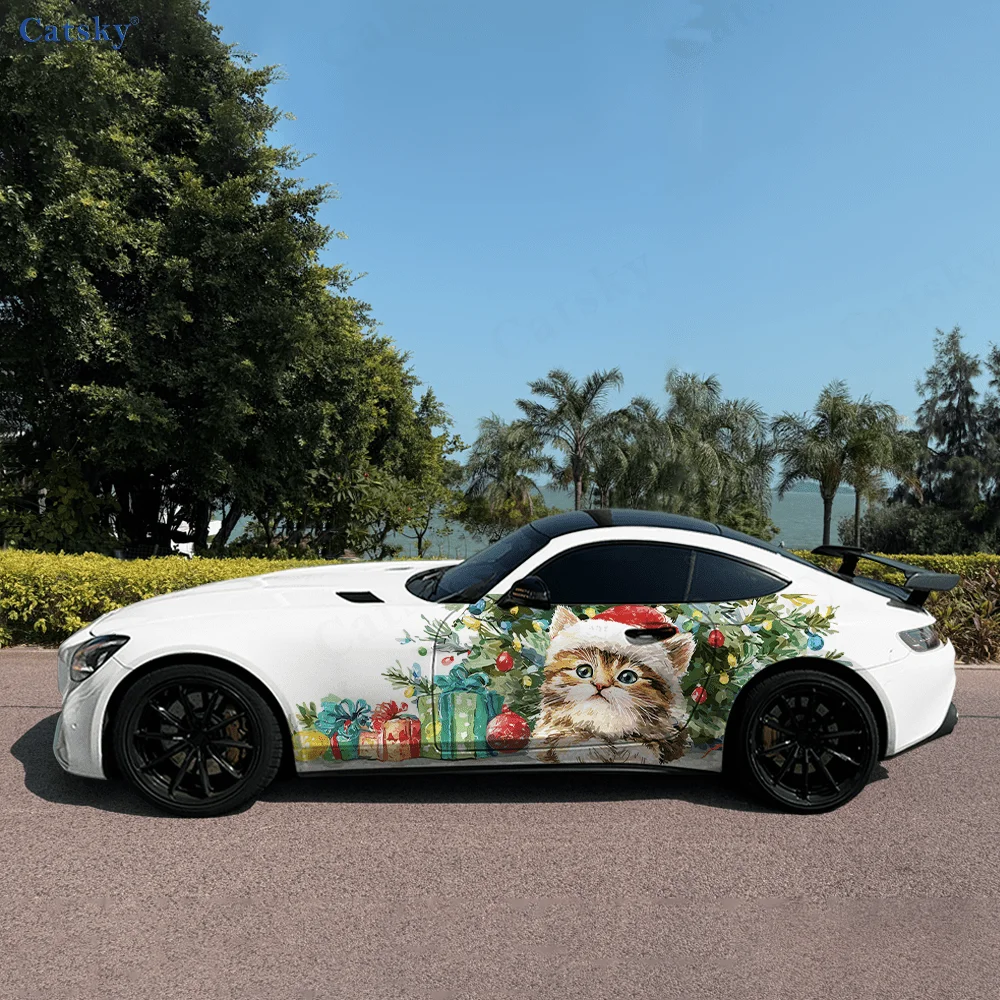 

Christmas Cat Red Hat Car Vinyl Wraps Decal Self-adhesive PVC Sticker Suitable for Trucks SUV Decoration Auto Accessories Gift