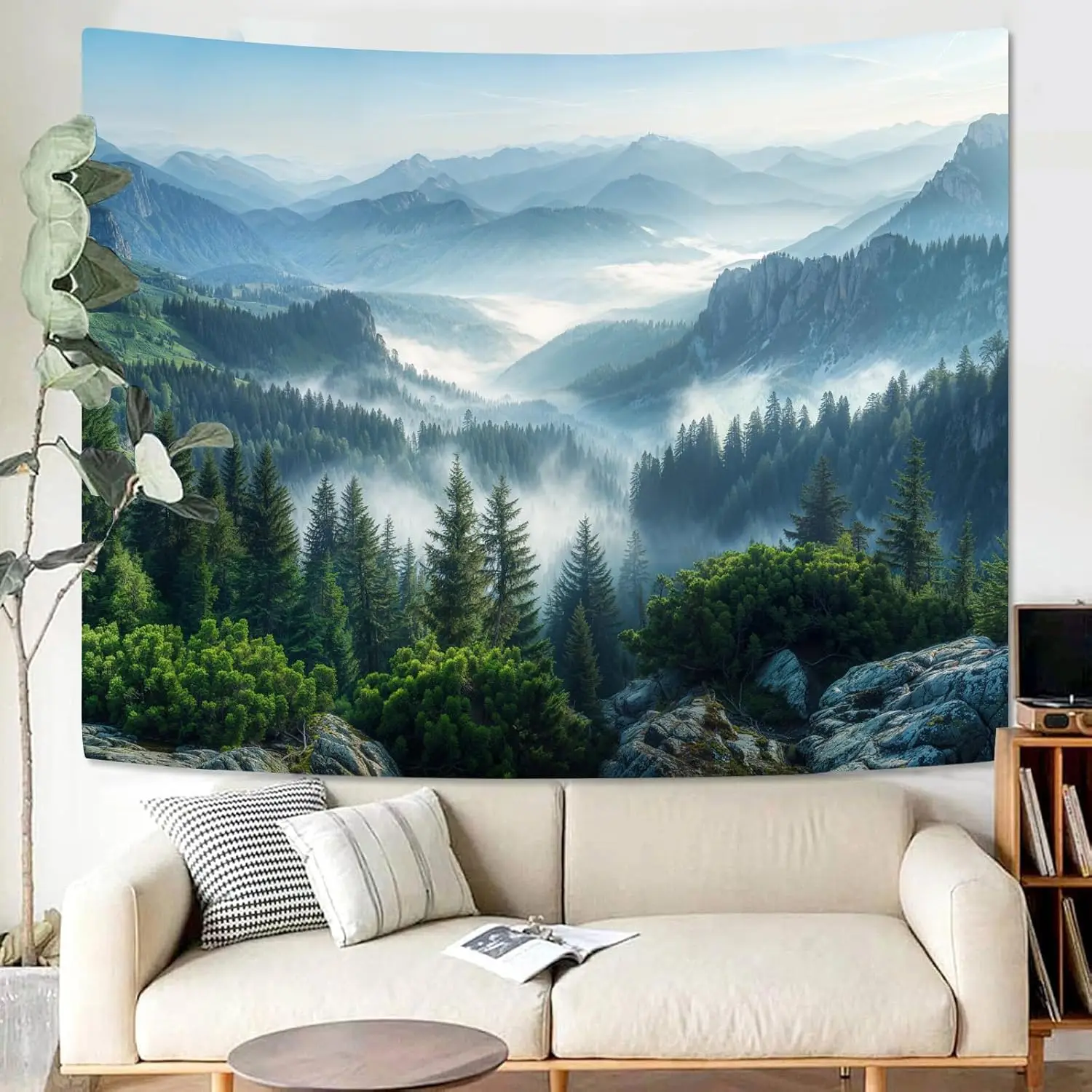 Nature Forest Mountain Tapestry Green Misty Pine Tree Tapestry for Bedroom Aesthetic Foggy Woodlands Sky Landscape Tapestries
