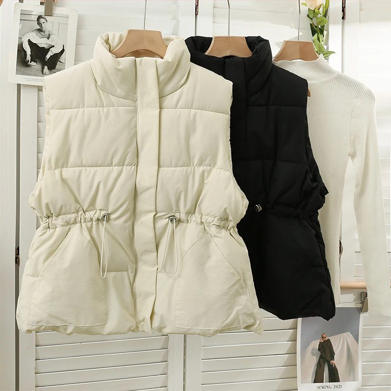

Zipper Drawstring Slim Waist Puffer Jacket Stand Neck High Street Coats Autumn Winter New Vintage Clothes Loose Vest Parkas