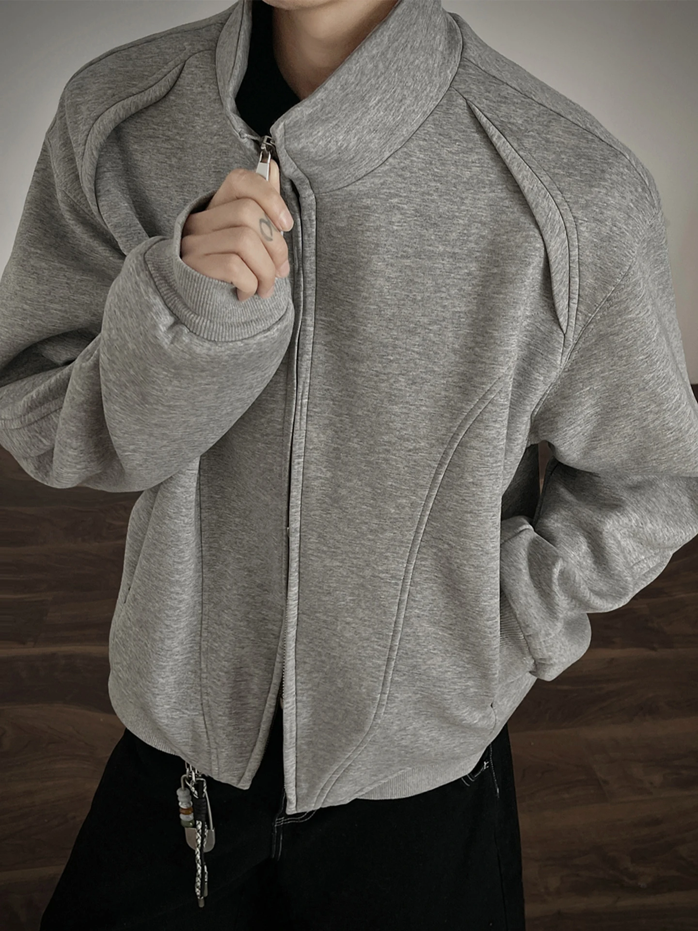 

American Sle Patchwork Stand Collar Sweatirt Men's Oversize Loose Long Sve Cardigan Autumn Faion Heavyweight Jaet