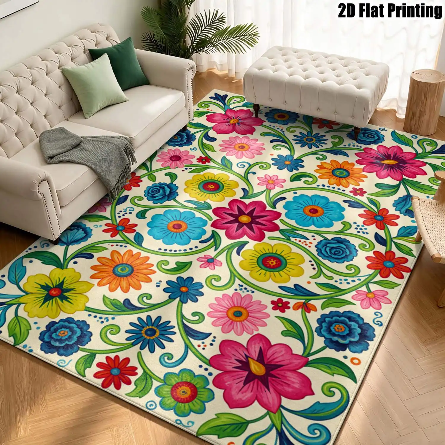 1Pc 2D Printed Retro Floral Bohemian/European/Instagram Style Carpets, Home Decor, Multi-Size, Machine Washable, for Entrance, Dining, Foyer, Study, Living Room, Bedroom