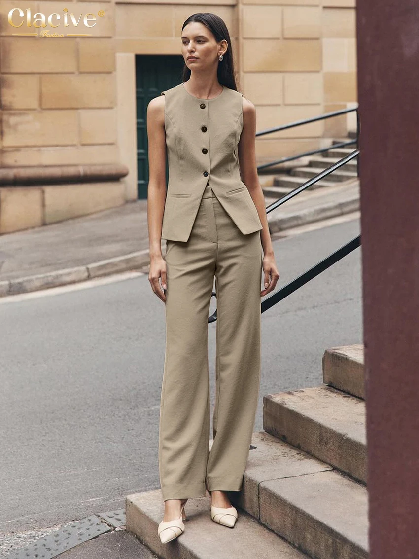 Clacive Fashion Slim Khaki Office 2 Piece Sets Women Outfit 2024 Summer Sleeveless Tank Top With High Waist Pants Set Female