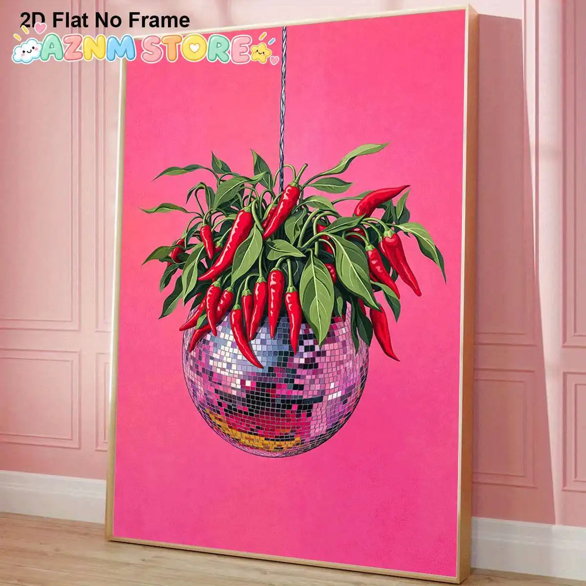 2D Flat, 2D Flat, A 2D Flat, Single Piece Frameless Canvas Featuring Red Chili Peppers Suspended from a Disco Ball Plant Agai