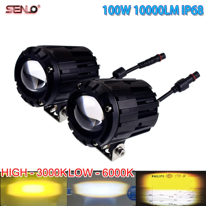 100W Motorcycle Mini Driving Light Dual Colo for Headlight Auxiliary Spotlight Lamp ATV Scooter Moto Fog Light Accessories 12V