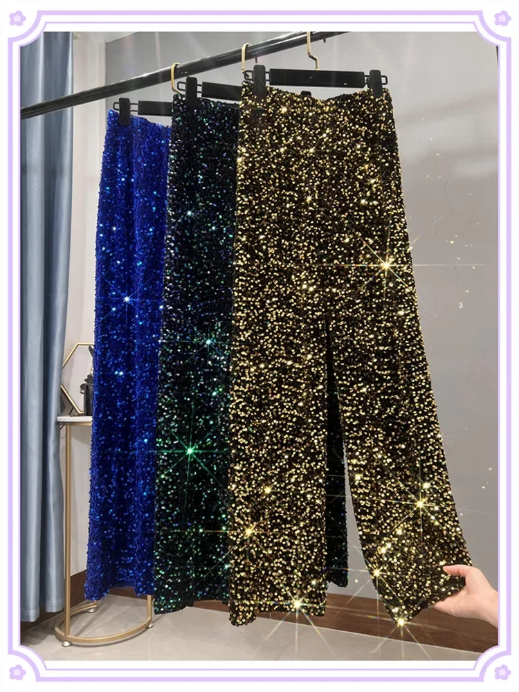 Korean Sequins Wide-Leg Pants, Lengthened and Thickened Drapey Mopping Pants, Shiny Casual Straight-Leg Pants, Autumn and Winter