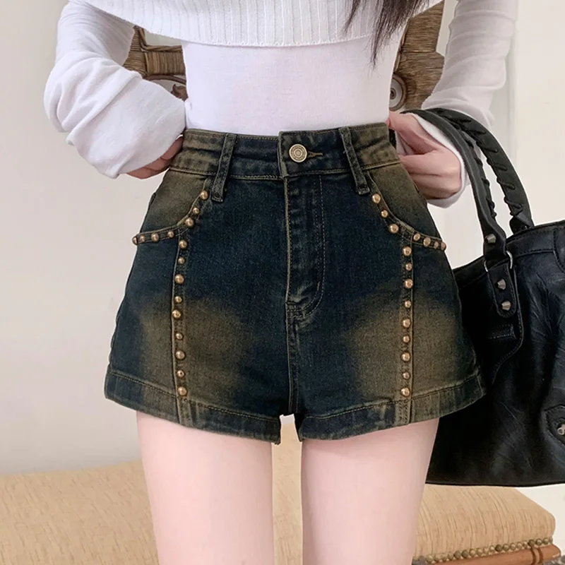 

New Women Summer Rivet Denim Shorts Fashion High Waist Hip Wrap A-Line Jeans Shorts Vintage Casual All-match Mini Shorts