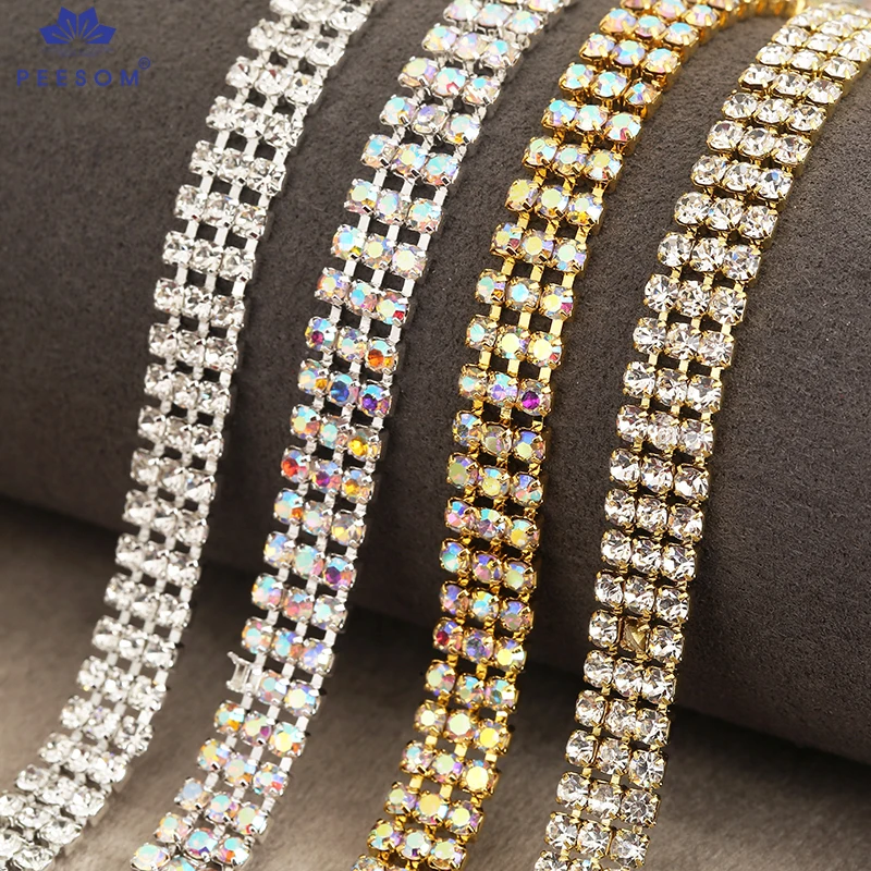 PEESOM SS8 3rows 7mm width Clear Rhinestone Cup Chain Gold/Sliver CrystalAB Glass Crystal Cup Chain for DIY Garment  Accessories