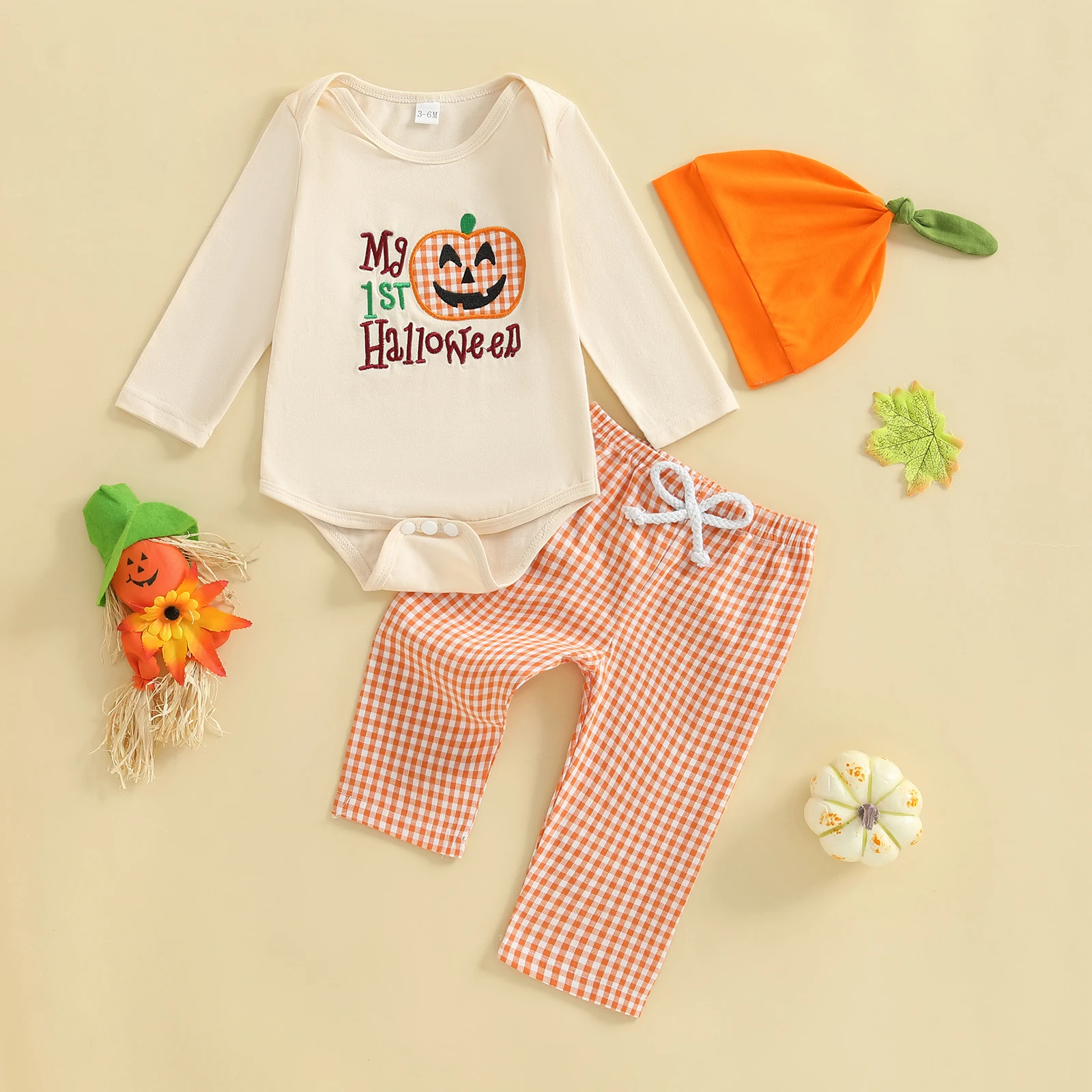 

0-18 Months Baby Halloween Clothes Letter Pumpkin Embroidery Long Sleeve Romper Plaid Pants and Hat 3Pcs Fall Outfit