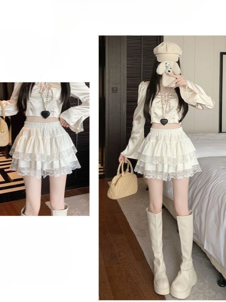 Coquette Summer 2026 New High Waist Lace Polka Dot Tiered Cake Mini Skirt Women Cream White Ruffle Built-In Shorts Daily Wear