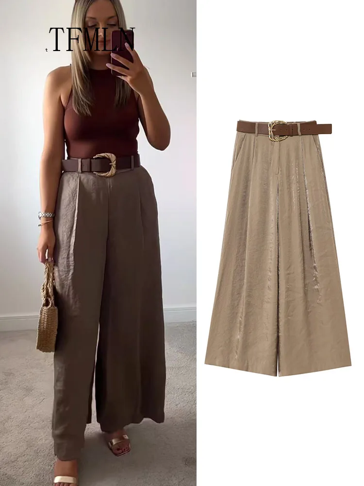 TFMLN Mode Frauen Feste Breite Bein Hose Mit Gürtel 2025, Sommer Chic Kausalen Zipper Volle Hosen Einfache Weibliche High Street Hosen