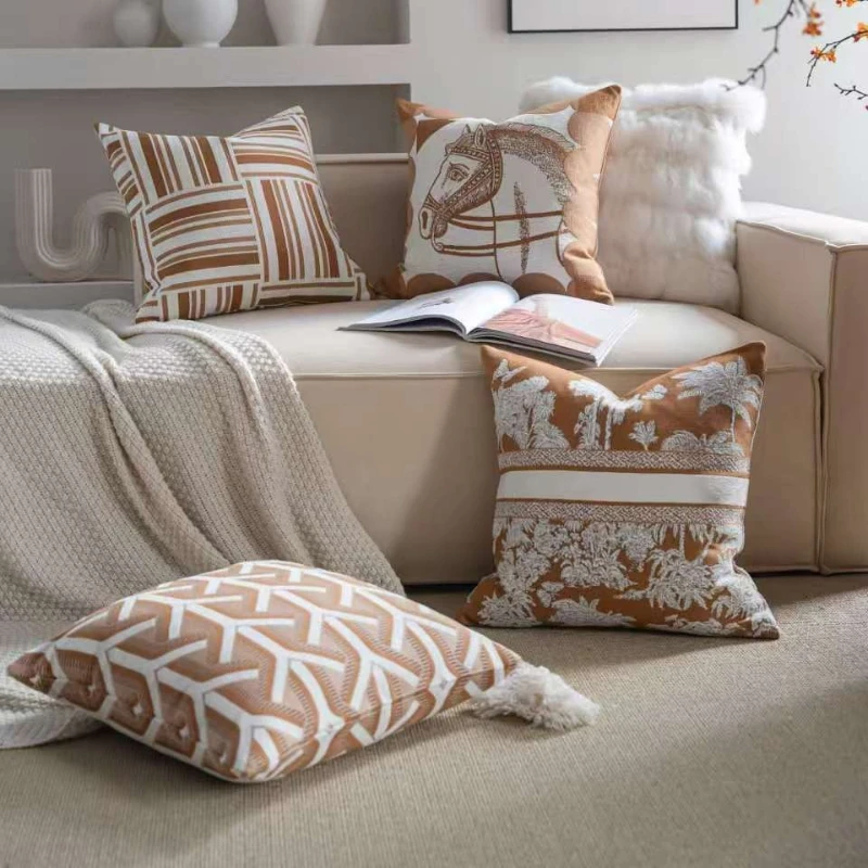 Housse de coussin géométrique en jacquard orange brun de qualité supérieure, teinte en fil, moderne, carrée, luxueuse, décorative, décoration de la maison