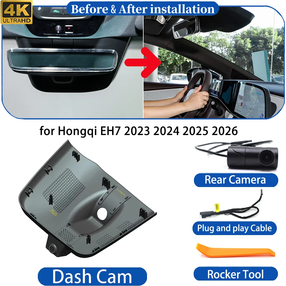 Caméra embarquée pour Hongqi EH7 2023-2026, enregistreur vidéo 4K UHD DVR Wifi, enregistreur de conduite, vision nocturne, plug＆play