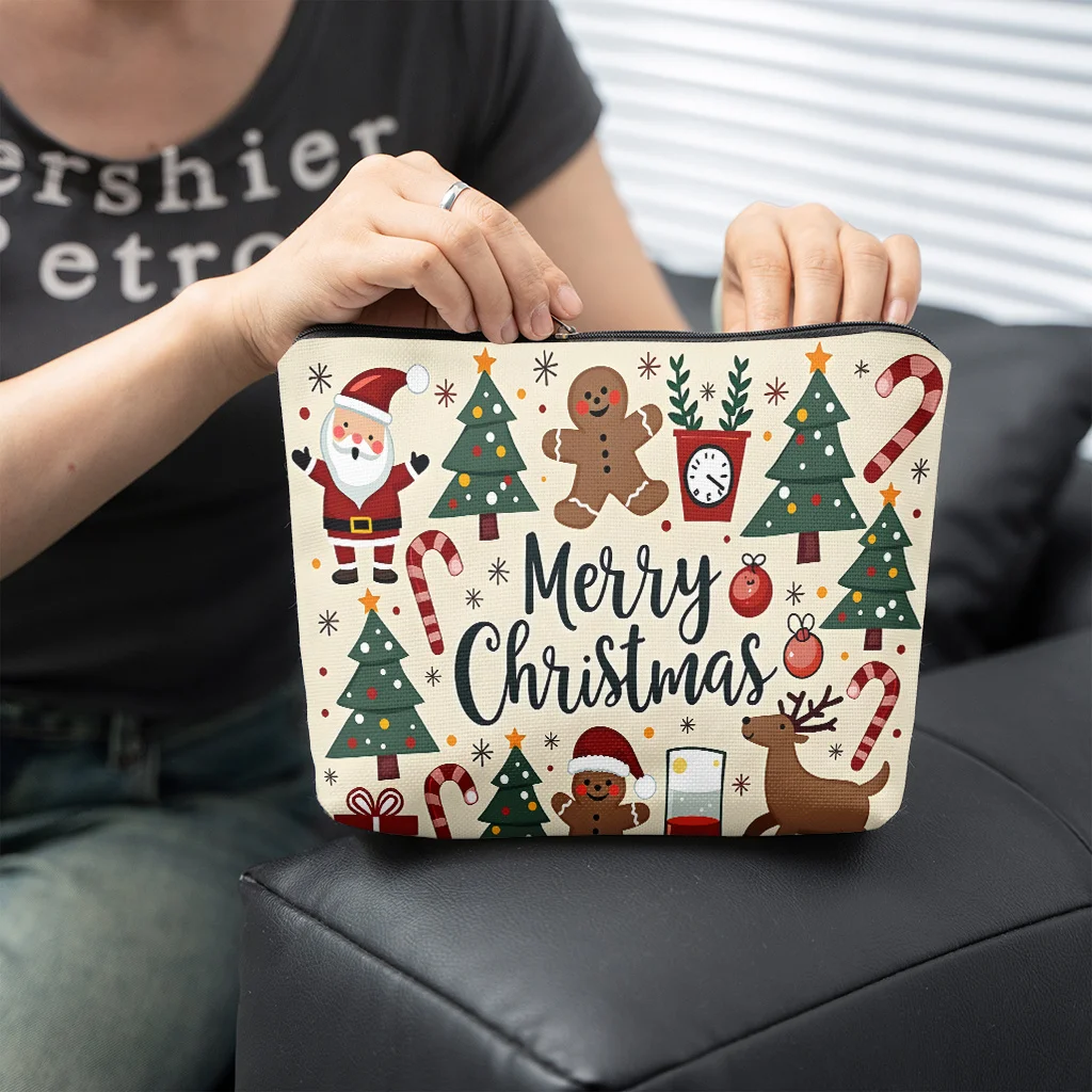 Double-sided Printed Cosmetic Pouch Featuring A Lively and Festive Christmas Cartoon Theme Santa Claus Makeup Case