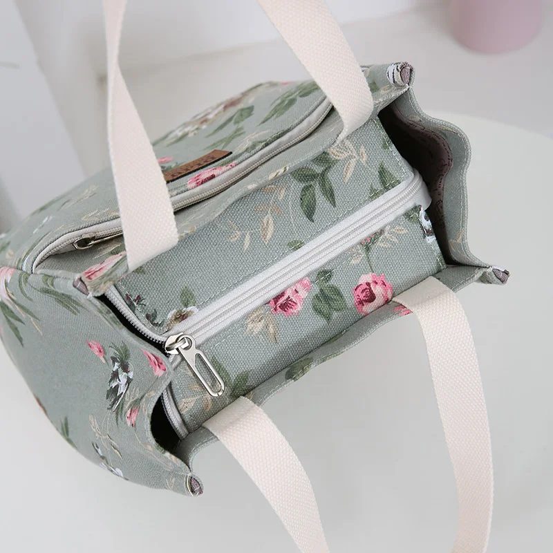 New canvas flower printed fabric handbag, work portable multi-pocket zipper semi-closed daily clutter storage bag, bento bag