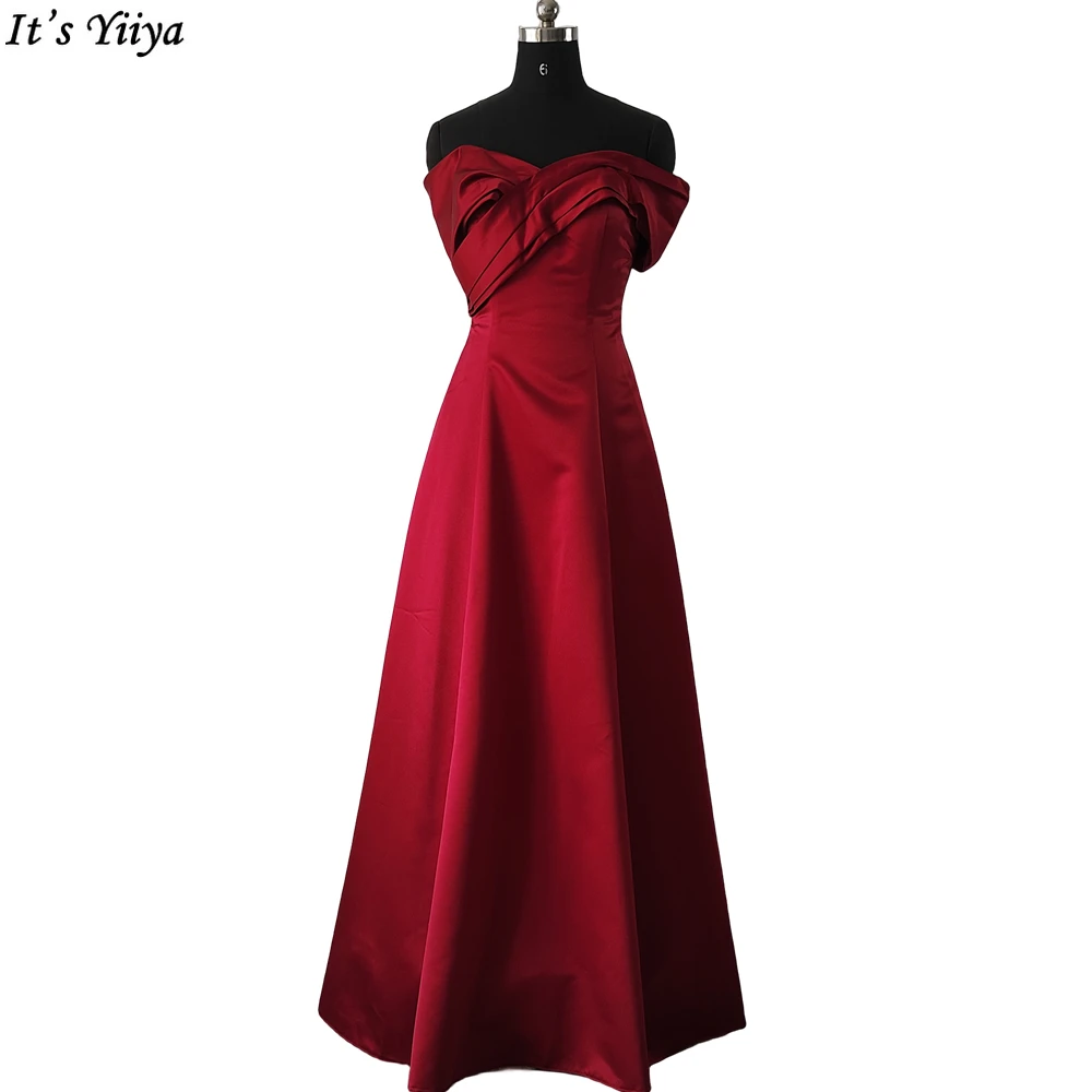 

It's Yiiya Boat Neck Burgundy Evening Dress Short Sleeves Satin Floor Length Pleat A-Line Plus Size Women Party Dresses B2695