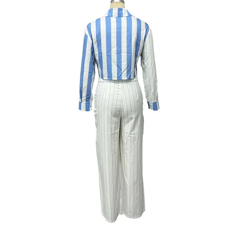 

Women Pants Set 2025 Fashion Spring/summer Latest Hot Selling Umbilical Striped Shirt High Waisted Straight Leg Pants Casual Set