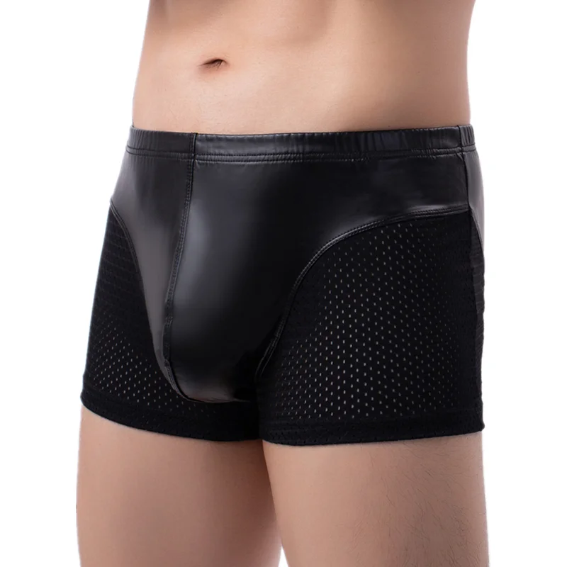 Men Underwear Boxer Short Homme Black Faux Leather Mesh Panties Man Breathable U Convex Pouch Underpants Cueca Calzoncillo