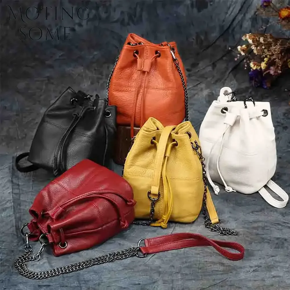 Motingsome borsa a secchiello Samll per donna 100% catene a mano in pelle naturale borse a tracolla Mini custodia femminile gialla novità nel 2024