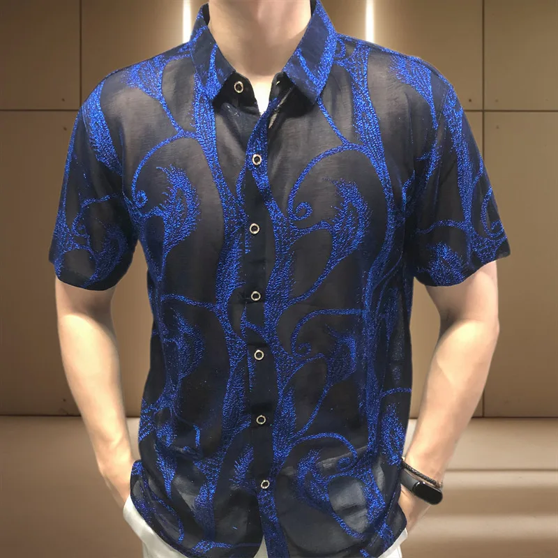 Flower See Through Shirt Short Sleeve Camisa Social Masculina Summer Sexy Prom Transparent Shirt Camisa Masculina Chemise Homme