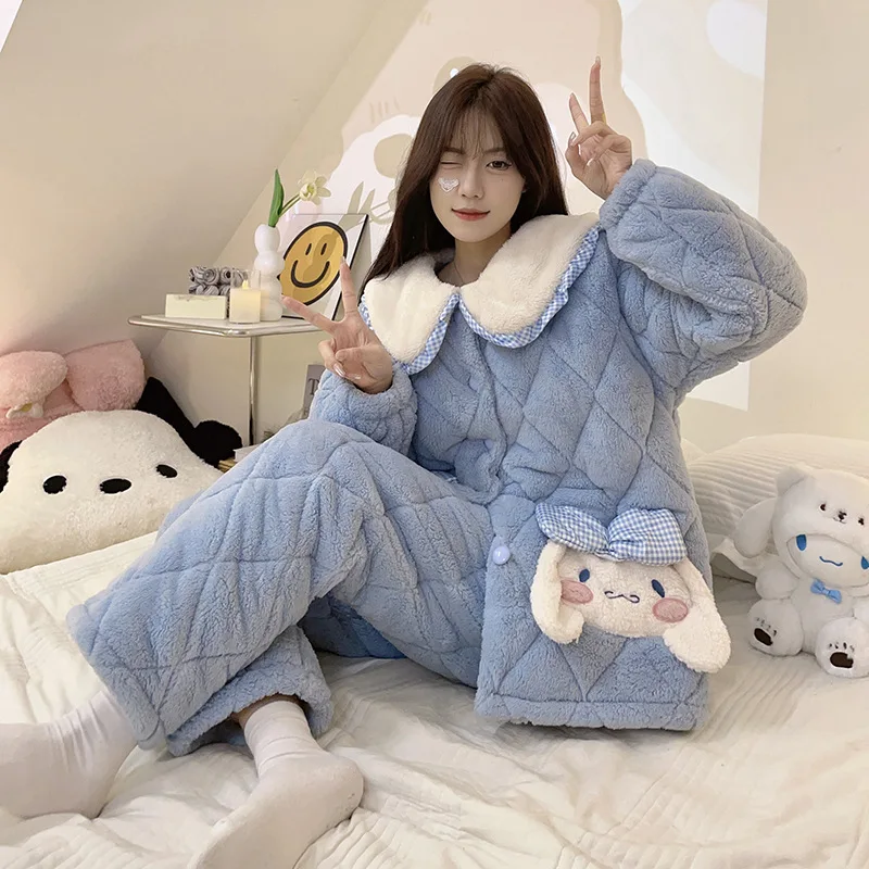 Inspired Quilted Pajamas Set Women Light Blue 2025 Winter Fluffy Sleepwear Casual Y2K Aesthetic Loungewear Warm Loose Fit Daily