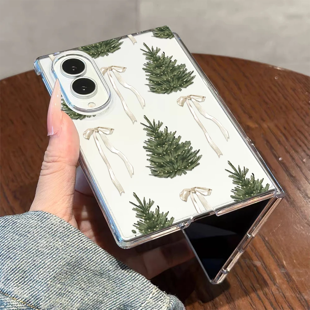 Christmas Pine Bow Hard Clear Pc Phone Case For Samsung Galaxy Z Fold 8 7 6 5 4 3 2 Crystal Clear Wear Resistant Daily Cover