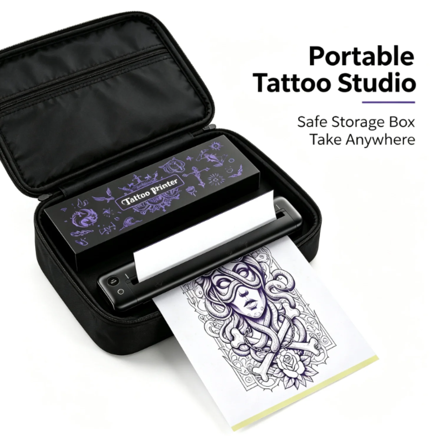 Wireless Tattoo Stencil Printer Thermal with 5PCS Transfer Paper Compatible Phone Tablet PC for Tattoo Artists Supplies Black