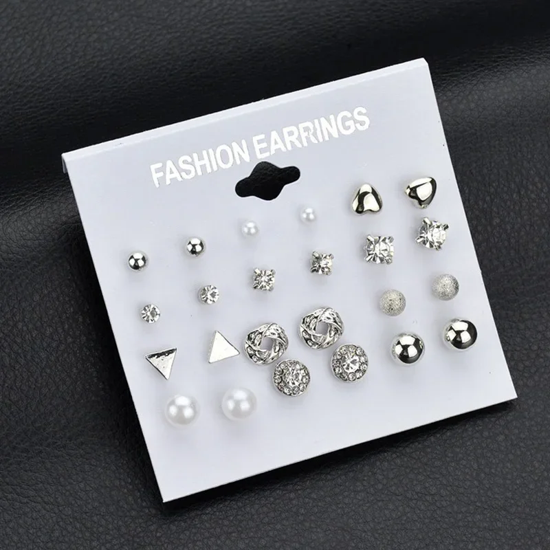 Charmsmic Women Small Heart Crystal Stud Earrings Sets Gold Color Simulated Pearl Geometric Jewelry Gifts For Children